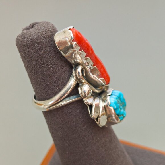 Vintage Sterling Silver Turquoise & Coral Ring – Navajo-Style Split Shank - Picture 8 of 11